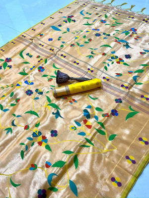 HouseOfCommon Woven Banarasi Cotton Silk Saree(Gold, Yellow)