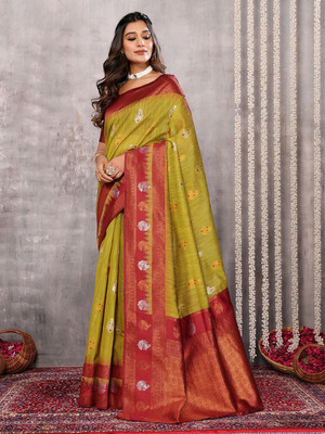 Janasya Woven, Self Design Kanjivaram Cotton Blend Saree(Maroon, Yellow)