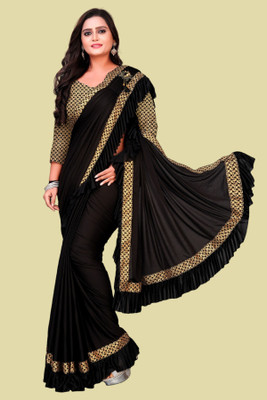 Julee Embellished, Solid/Plain Bollywood Lycra Blend Saree(Black)