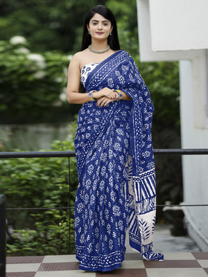Tasrika Printed Daily Wear Cotton Blend Saree(Dark Blue)