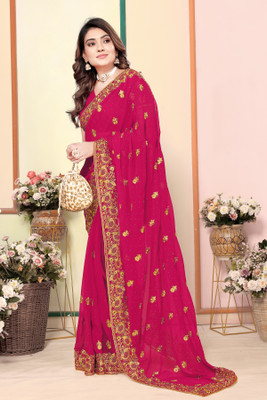 CHAMUNDA CREATION Embroidered Bollywood Georgette Saree(Pink)