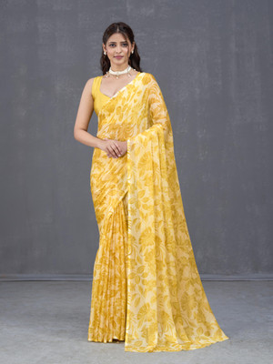GARDEN VARELI Floral Print Bollywood Chiffon Saree(Yellow)