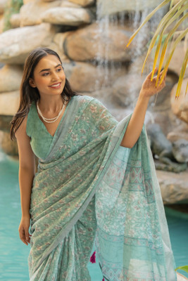 MIRCHI FASHION Printed, Floral Print Daily Wear Cotton Blend Saree(Light Green, Brown, White)