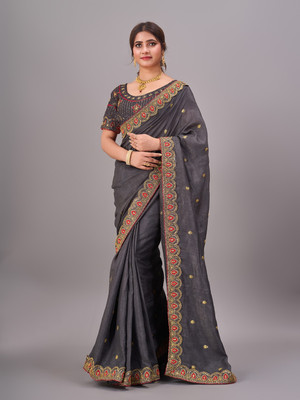 Vraj Textile Embroidered Chinnalapattu Pure Silk Saree(Grey)
