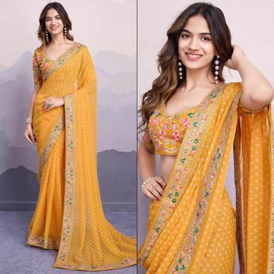 R K ENTERPRISE Self Design Bandhani Georgette Saree(Mustard)