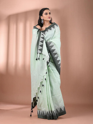 GOURISAREE Temple Border, Self Design Tant Cotton Blend Saree(Light Green)