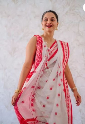RM CREATION Self Design Handloom Handloom Cotton Blend Saree(White)