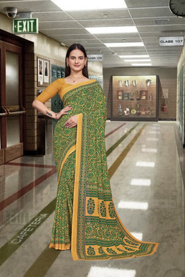 Feminista Printed, Solid/Plain Daily Wear Georgette, Silk Blend Saree(Green)