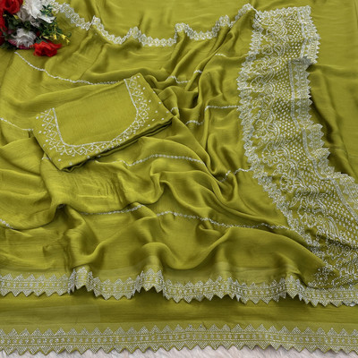 HouseOfCommon Embroidered Bollywood Pure Silk Saree(Light Green)