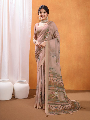 RekhaManiyar Printed Saree with Attached Blouse Crepe Saree(Pink)