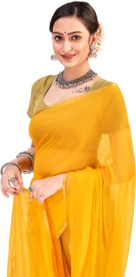 V And V Shop Solid/Plain Bollywood Jacquard Saree(Yellow)