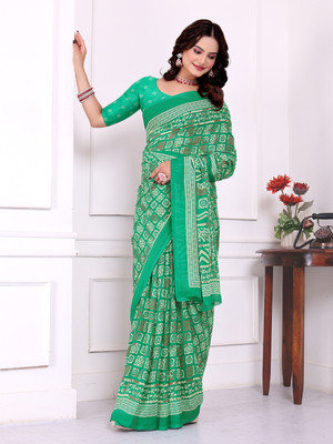 Anmi Floral Print Bollywood Georgette Saree(Light Green)