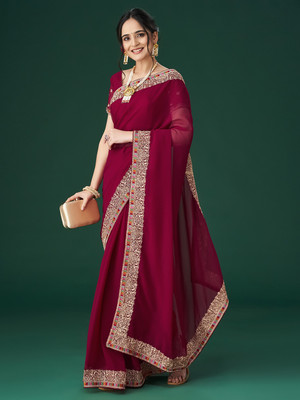 KASEE Solid/Plain Bollywood Georgette Saree(Red)
