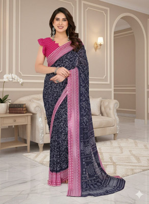 SmittenSmit Printed Bollywood Georgette Saree(Dark Blue, Pink)