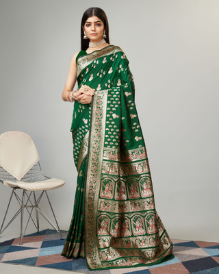 Ratnavali Woven Baluchari Silk Blend, Art Silk Saree(Green)