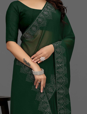 pari creation Solid/Plain, Self Design, Dyed, Embellished Bollywood Georgette Saree(Green)