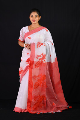 Ahana Textile Floral Print Handloom Cotton Linen Saree(Multicolor)