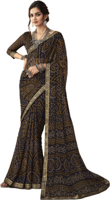 INDONIQ Graphic Print, Printed Bandhani Chiffon, Georgette Saree(Black)