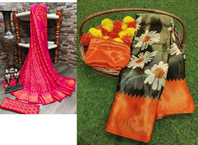 Sitanjali Floral Print Bollywood Brasso Saree(Pack of 2, Multicolor)