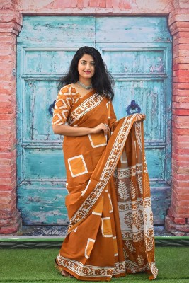 DASTKARPRINT Printed, Color Block, Blocked Printed, Floral Print, Dyed Daily Wear Pure Cotton Saree(Mustard)