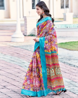 SIRIL Digital Print, Floral Print, Geometric Print Bollywood Cotton Linen Saree(Multicolor)