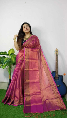 PARTHA BISWAS Woven Banarasi Cotton Blend Saree(Magenta)