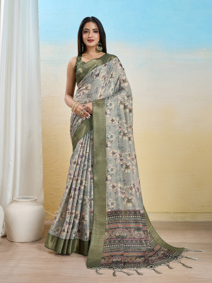 Divastri Digital Print, Printed, Woven Banarasi Tissue Saree(Grey)