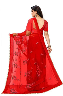 skyfiesta Embroidered Chanderi Net Saree(Red)