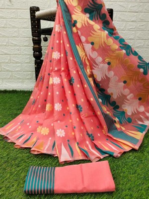 DURGA TEXTILE Woven, Printed, Self Design, Embellished, Floral Print, Blocked Printed Jamdani Cotton Blend, Jacquard Saree(Pink)