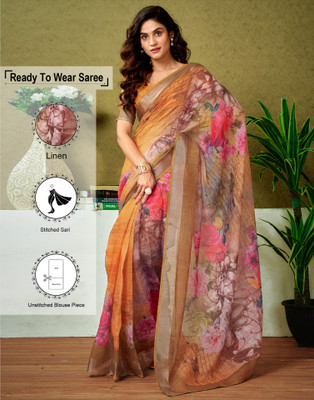 Samah Floral Print, Printed, Embellished Bollywood Linen Saree(Orange)