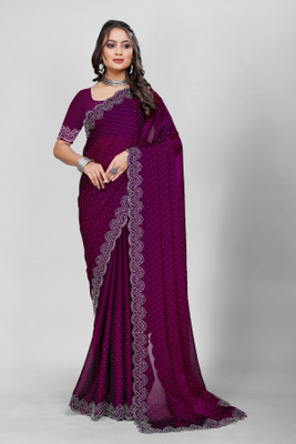zoentik enterprise Solid/Plain, Embellished, Applique Kalamkari Georgette Saree(Purple)