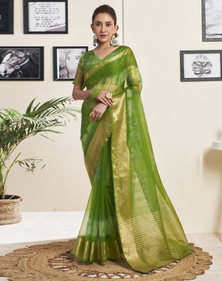 Divastri Self Design Banarasi Organza Saree(Green, Gold)