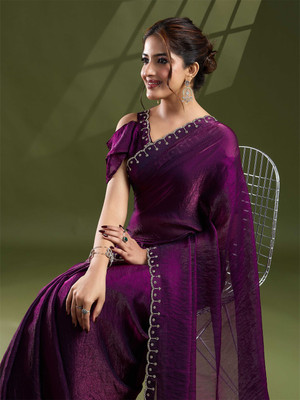 ZELENKA Solid/Plain Bollywood Chiffon Saree(Purple)