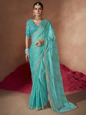 Sareemall Embroidered, Printed Bollywood Chiffon Saree(Blue)