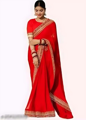 renbriza Solid/Plain Banarasi Cotton Silk Saree(Red)