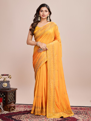 VERAFASHION Embroidered Bollywood Cotton Silk Saree(Yellow)