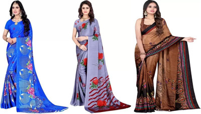 Leelavati Printed Daily Wear Crepe Saree(Pack of 3, Grey, Brown)