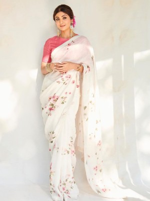 Divastri Printed Daily Wear Cotton Linen Saree(White)