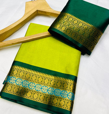 Paramparik Textile Temple Border Mysore Cotton Silk Saree(Green)