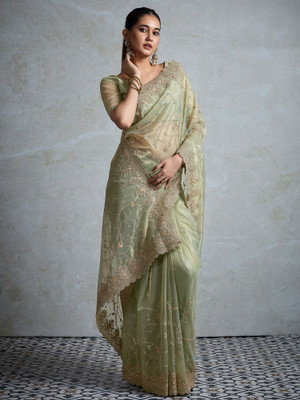 ANOUK Embroidered Bollywood Net Saree(Light Green)