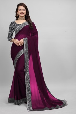 Om Sai Creation Temple Border Bollywood Georgette, Chiffon Saree(Purple, Black)