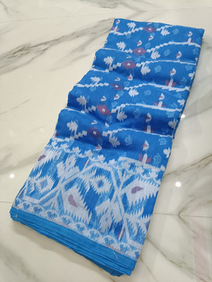 Happy Creation Printed Tant Handloom Cotton Blend Saree(Blue)