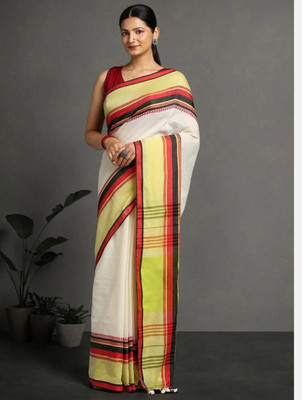 JHIILU Woven Handloom Cotton Blend Saree(White)