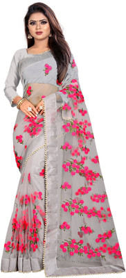 RADHE ENTERPRISE Embroidered Bollywood Net Saree(Grey)