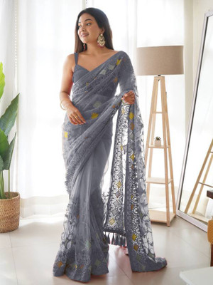 EKANTIK Geometric Print Bollywood Net Saree(Grey)