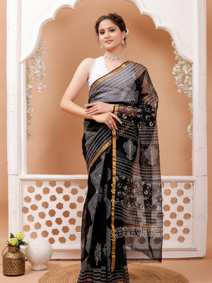 Taavi Blocked Printed Hand Batik Cotton Blend Saree(Black)