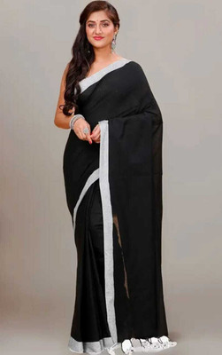Pal Saree Senter Solid/Plain Bollywood Khadi, Pure Cotton Saree(Black, White)