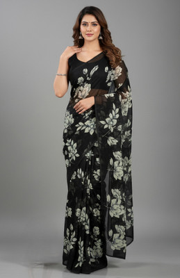 RegalDrapes Floral Print Daily Wear Georgette Saree(Black)
