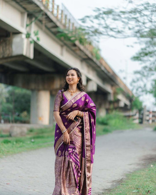 vraj enterprise Woven Mekhela Chador Pure Silk Saree(Purple)