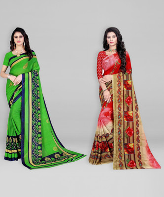 Leelavati Printed Daily Wear Georgette Saree(Pack of 2, Red, Green)